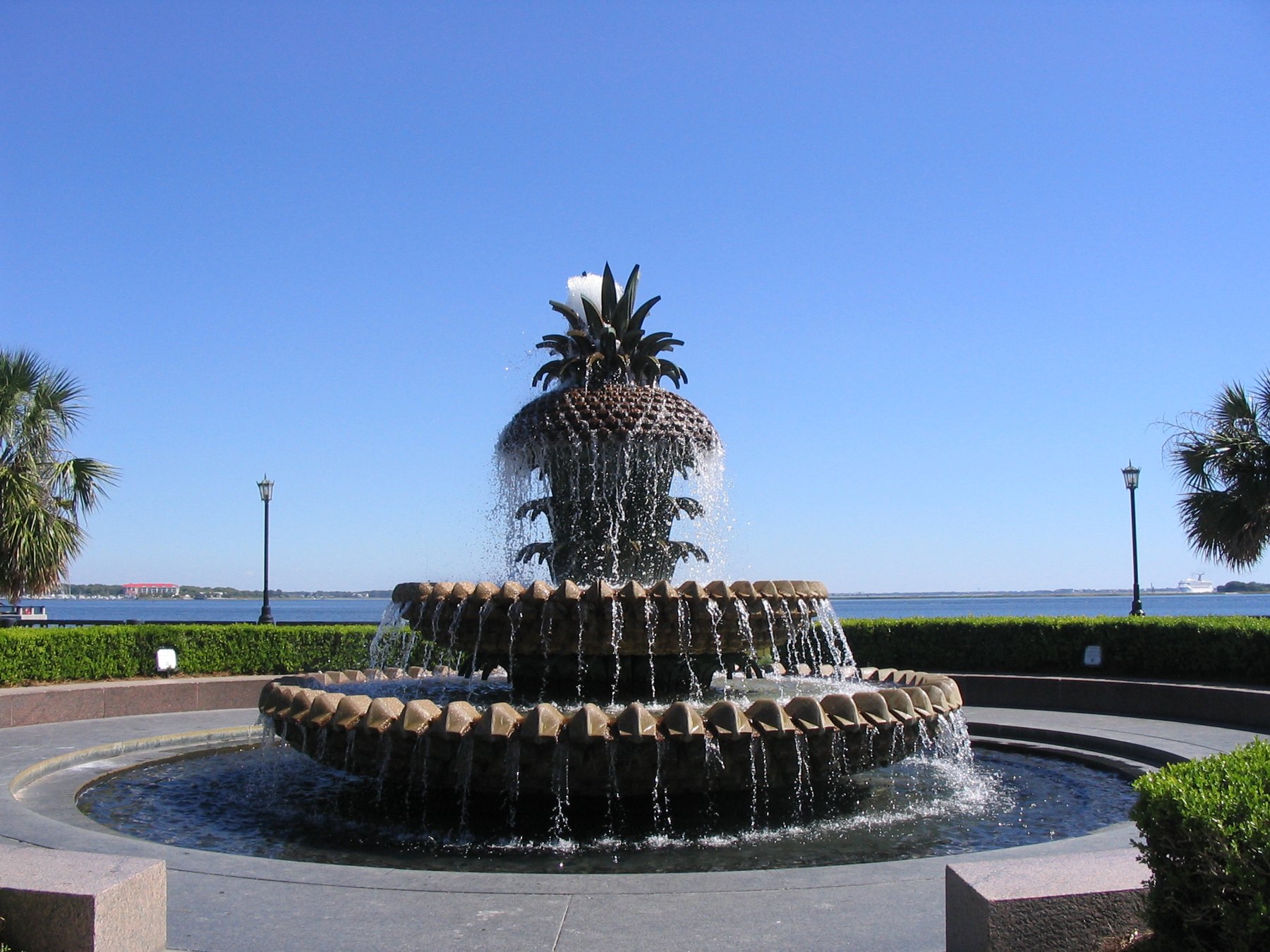 Water cascading from the Pineapple Fountain at Waterfront Park beside Charleston Harbor, South Carolina